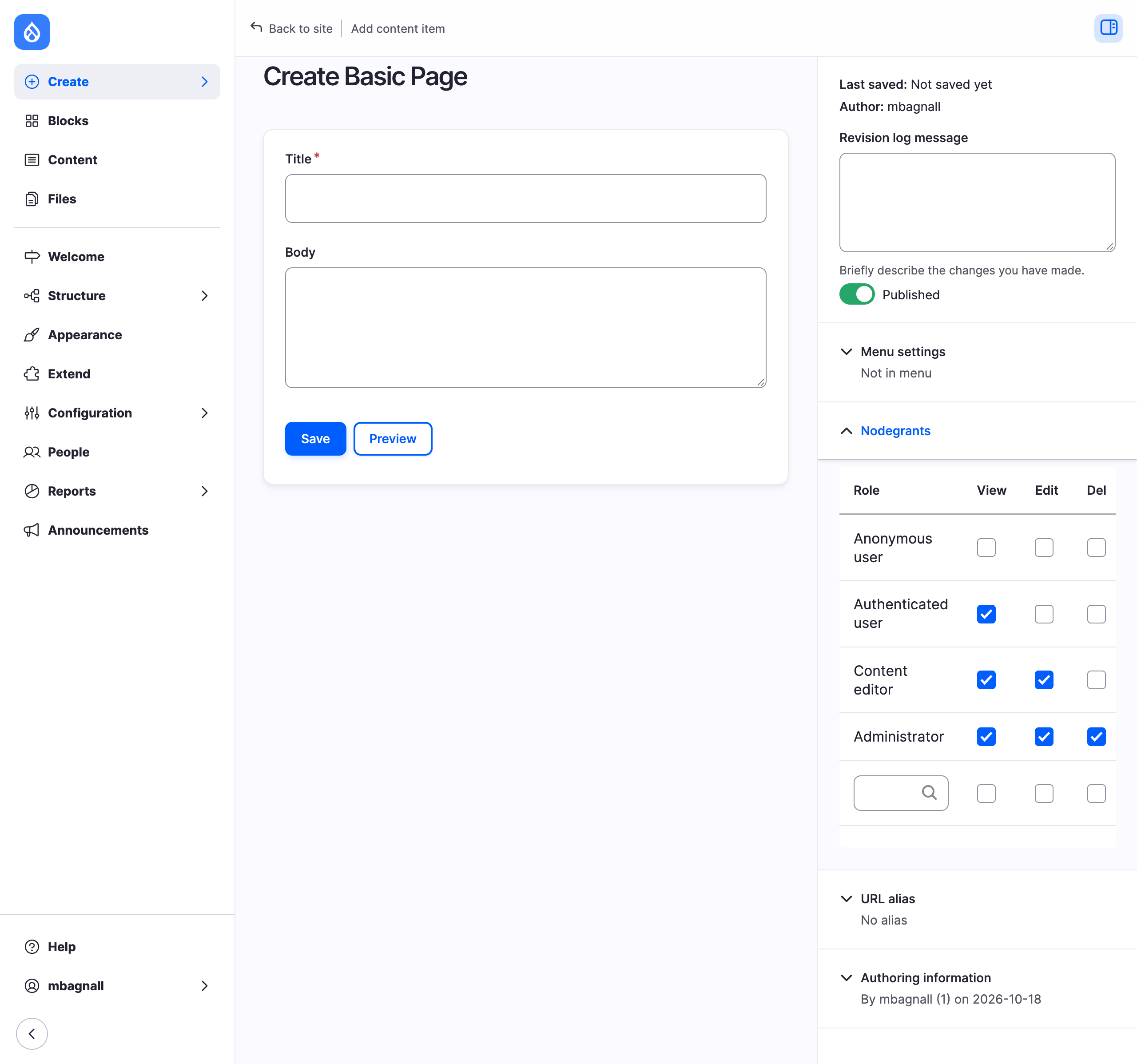 The Create Basic Page form with the Nodegrants pane open in the sidebar