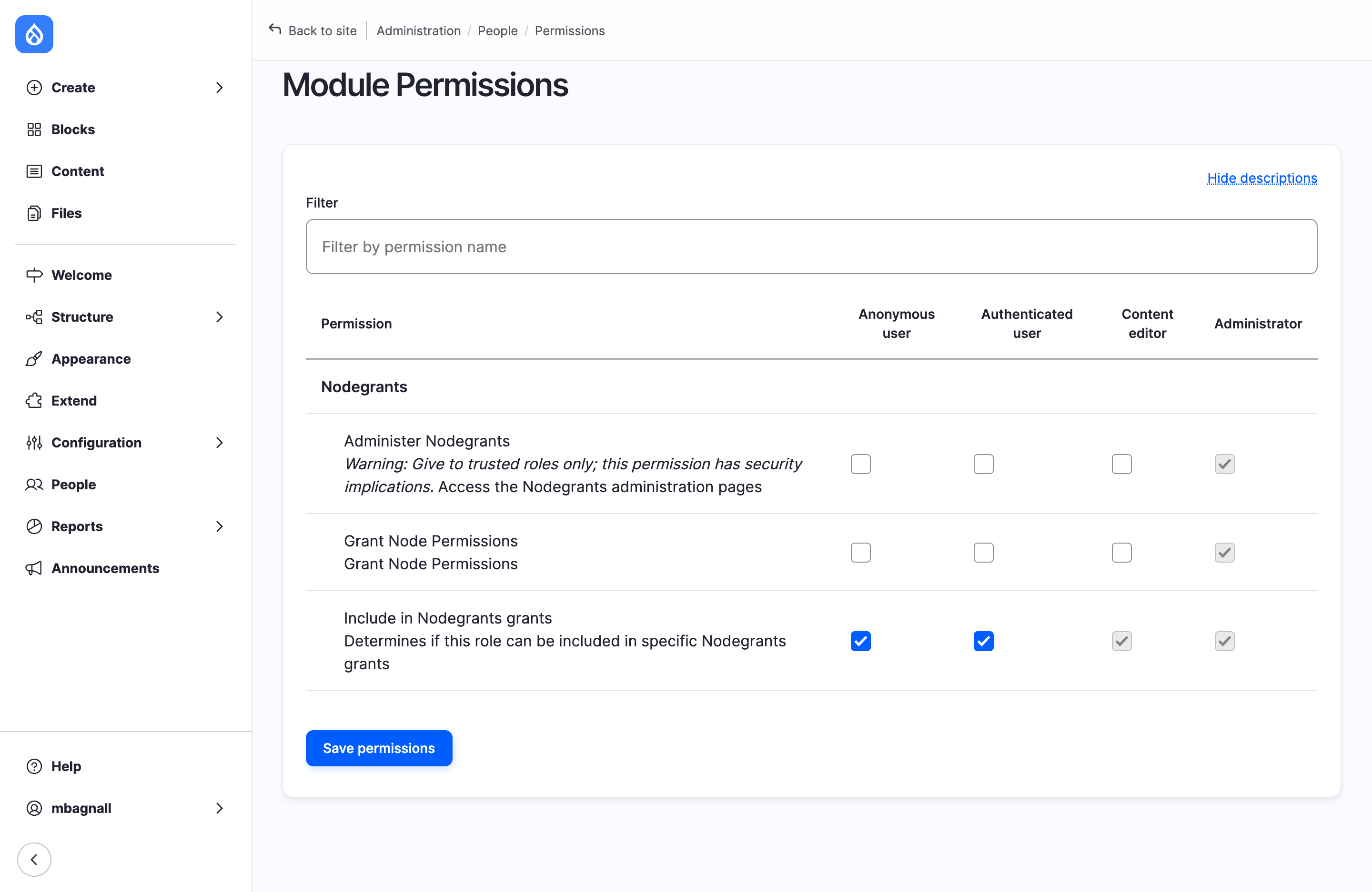 The permissions page showing the three Nodegrants permissions