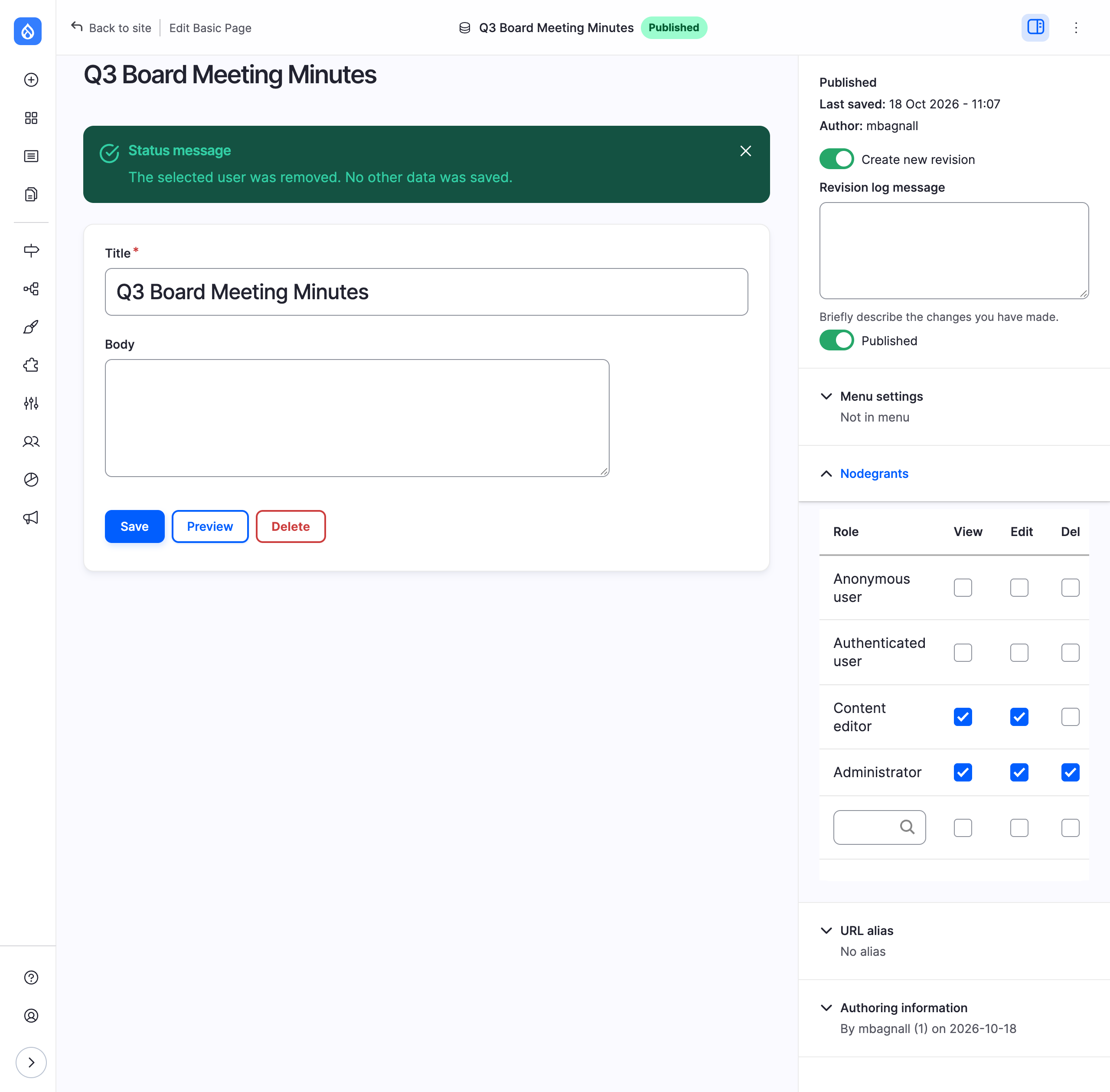 The edit form after a user was removed, showing the status message